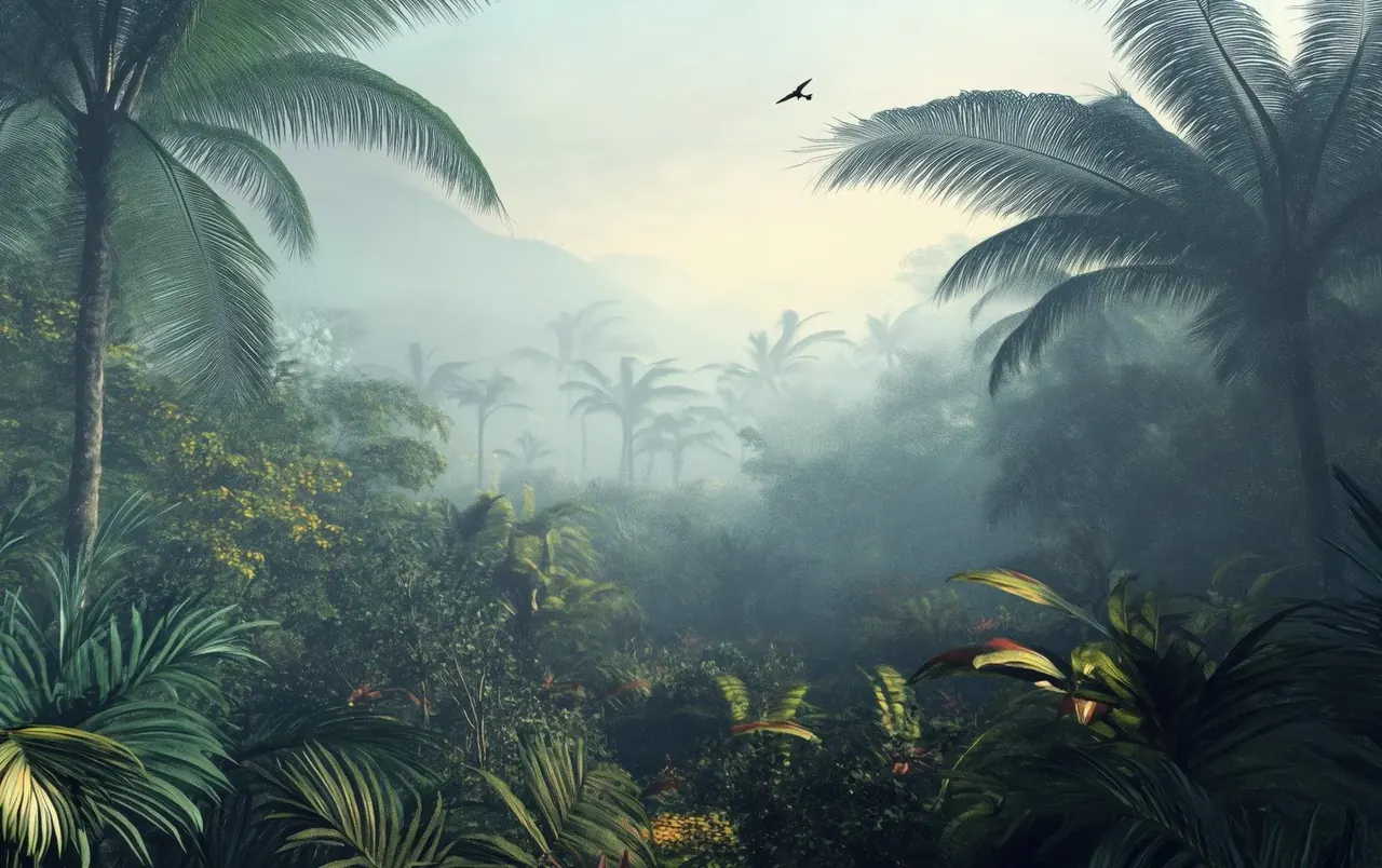 Soggiorno con carta da parati a tema giungla tropicale